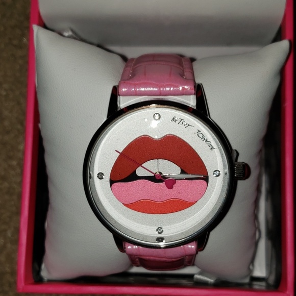 Betsey Johnson Black Watch with Pink Lips Design BETSEY JOHNSON PINK MARILYN LIPS WITH PINK LEATHER BAND  main image 2